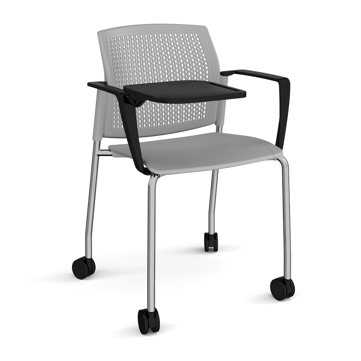 Santana 4 leg mobile chair with plastic seat and perforated back, chrome frame with castors, arms and writing tablet - grey - view 1