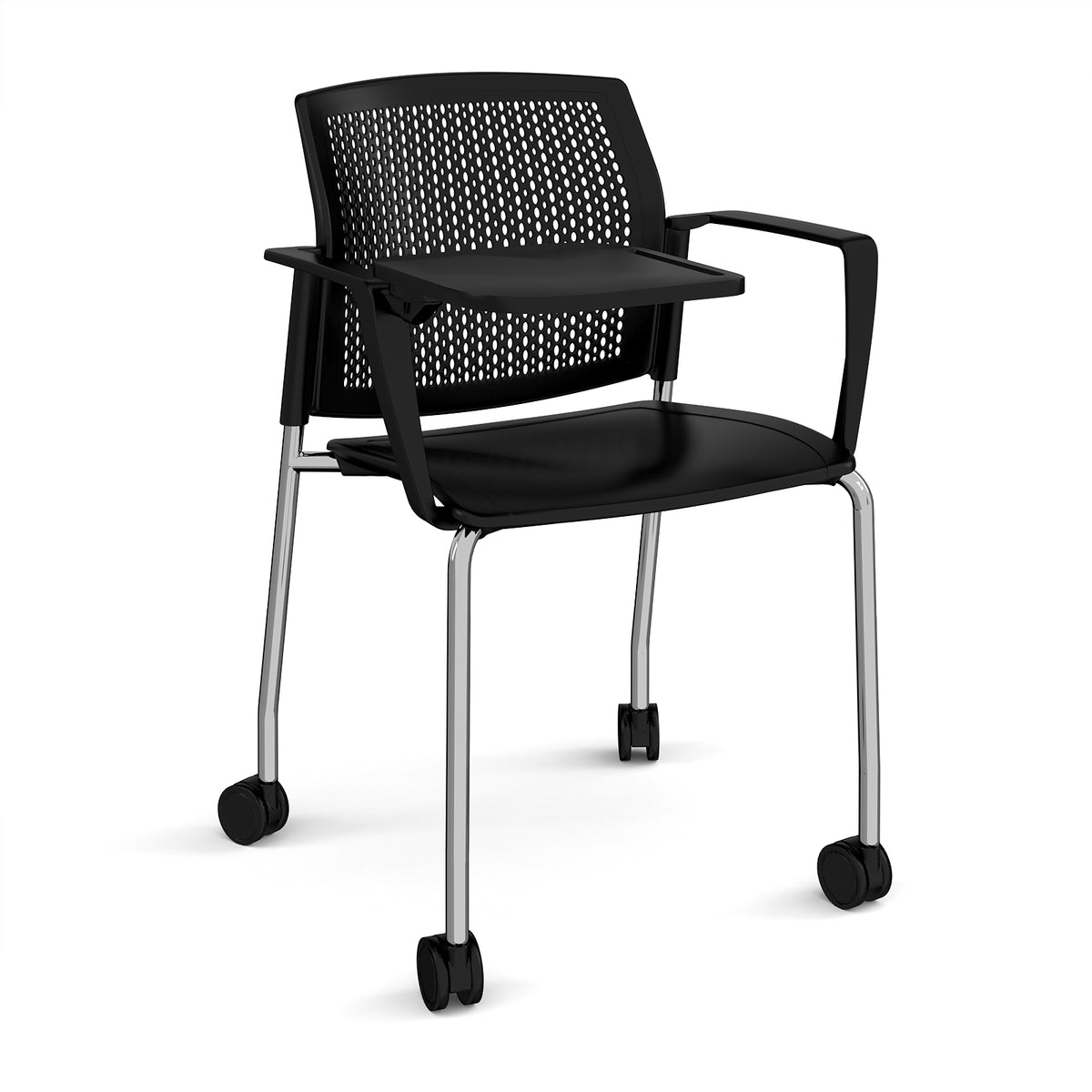 Santana 4 leg mobile chair with plastic seat and perforated back, chrome frame with castors, arms and writing tablet - black - view 1