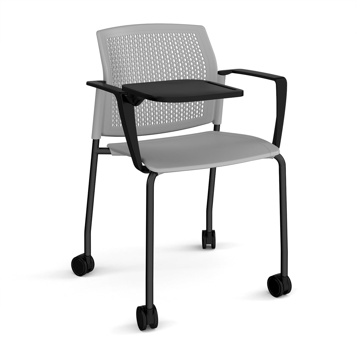 Santana 4 leg mobile chair with plastic seat and perforated back, black frame with castors, arms and writing tablet - grey - view 1