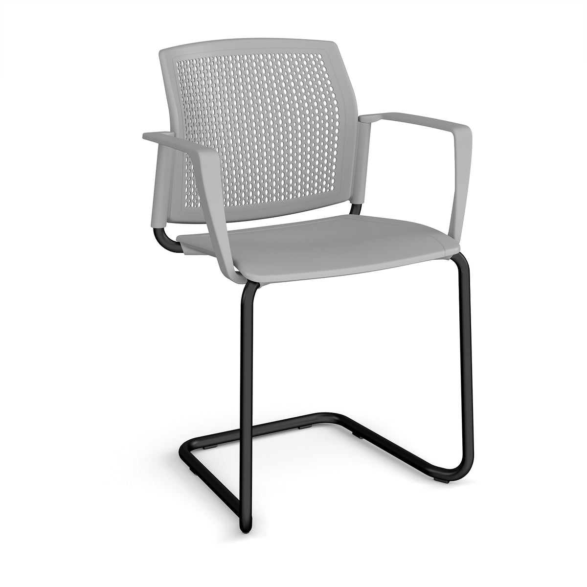 Santana cantilever chair with plastic seat and perforated back, black frame and fixed arms - grey - view 1