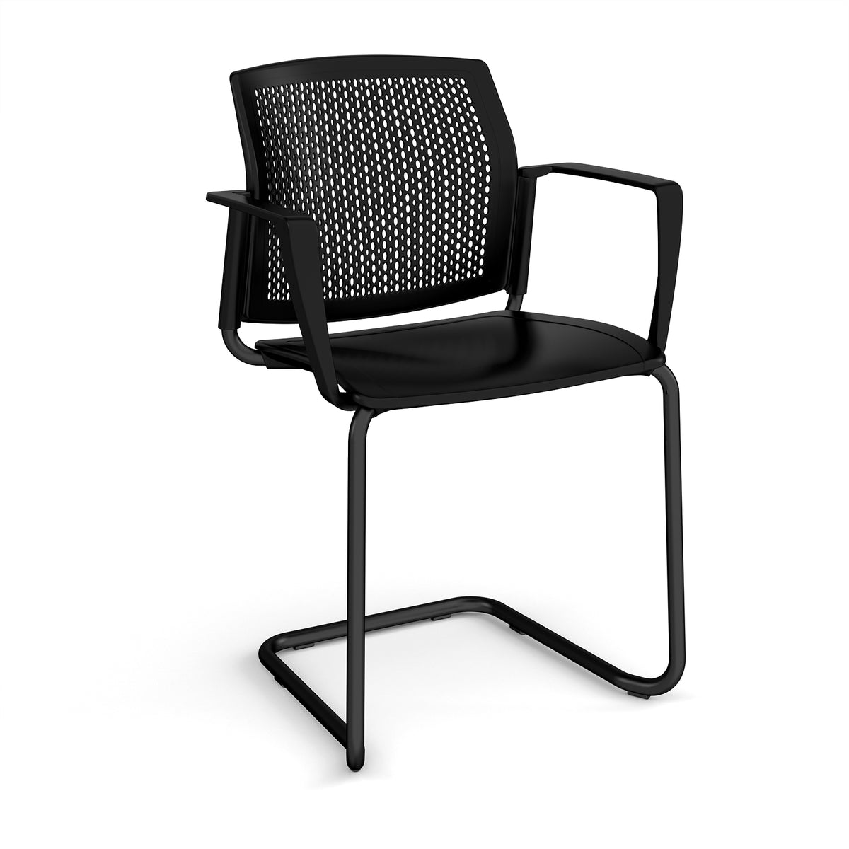 Santana cantilever chair with plastic seat and perforated back, black frame and fixed arms - black - view 1