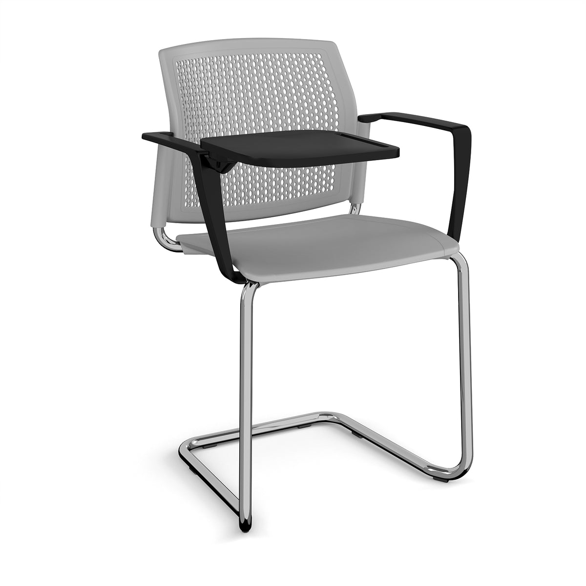 Santana cantilever chair with plastic seat and perforated back, chrome frame with arms and writing tablet - grey - view 1