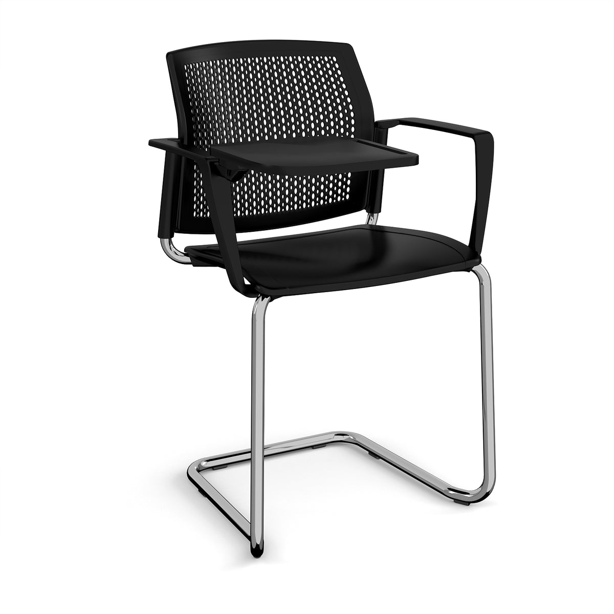 Santana cantilever chair with plastic seat and perforated back, chrome frame with arms and writing tablet - black - view 1