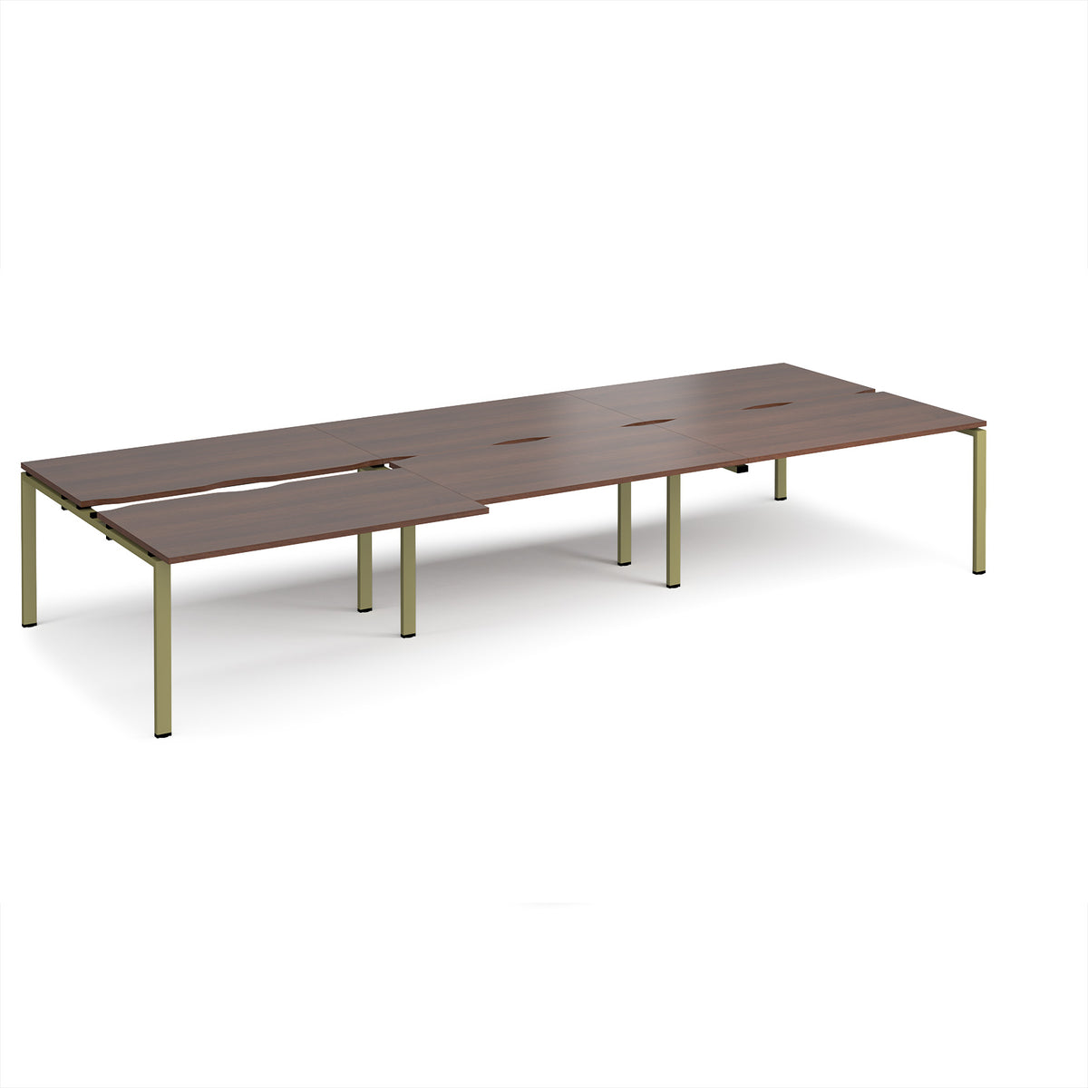 Adapt sliding top triple back to back desks 4200mm x 1600mm - green frame, Walnut top - view 1
