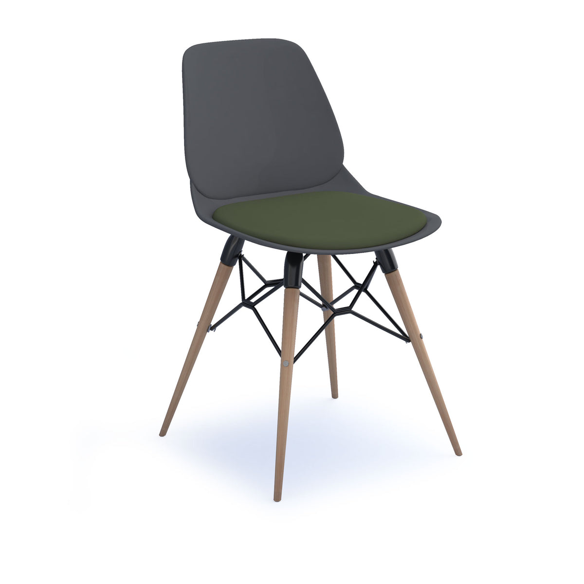 Strut chair with upholstered seat pad and natural oak 4 leg frame with black steel detail - grey - view 1