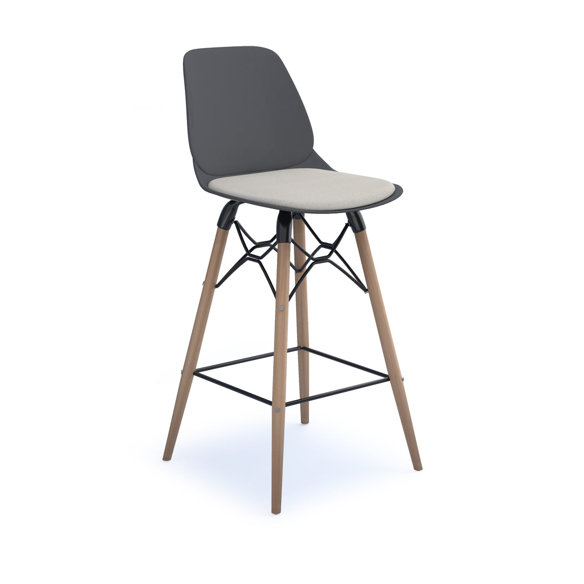 Strut stool with upholstered seat pad and natural oak 4 leg frame with black steel detail - grey - view 1