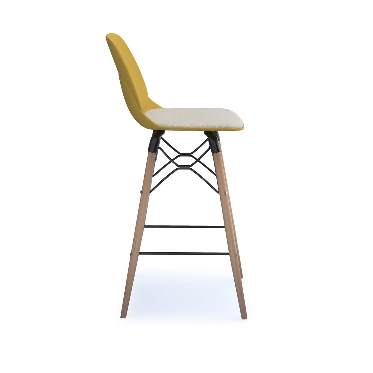 Strut stool with upholstered seat pad and natural oak 4 leg frame with black steel detail - mustard - view 3