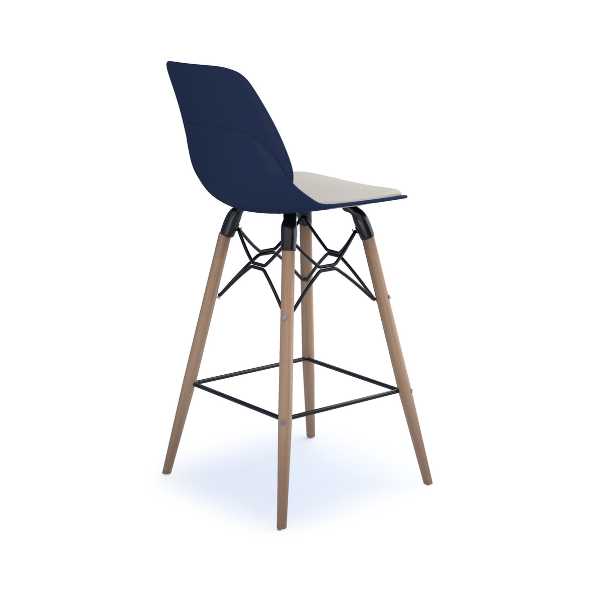 Strut stool with upholstered seat pad and natural oak 4 leg frame with black steel detail - navy blue - view 2