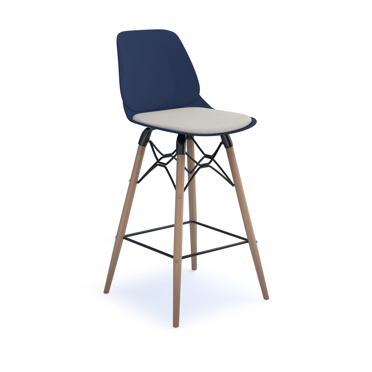 Strut stool with upholstered seat pad and natural oak 4 leg frame with black steel detail - navy blue - view 1