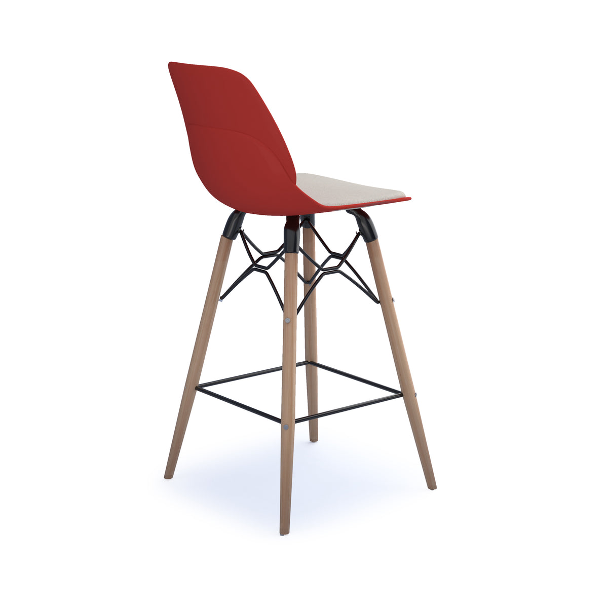 Strut stool with upholstered seat pad and natural oak 4 leg frame with black steel detail - red - view 2