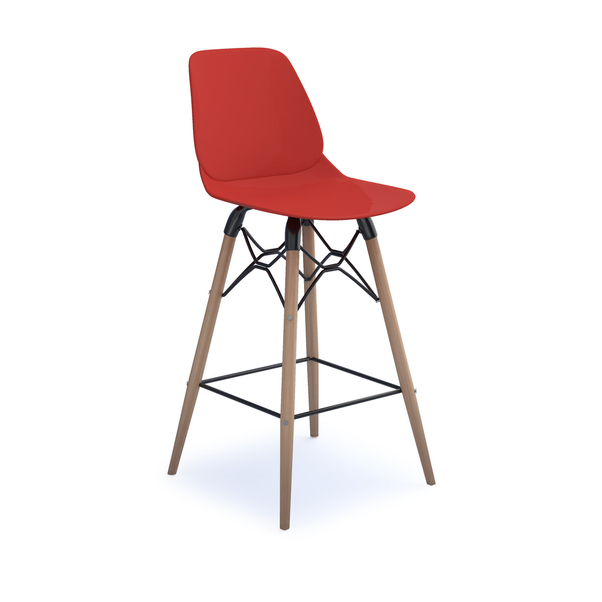 Strut multi-purpose un-upholstered stool with natural oak 4 leg frame and black steel detail - red - view 1