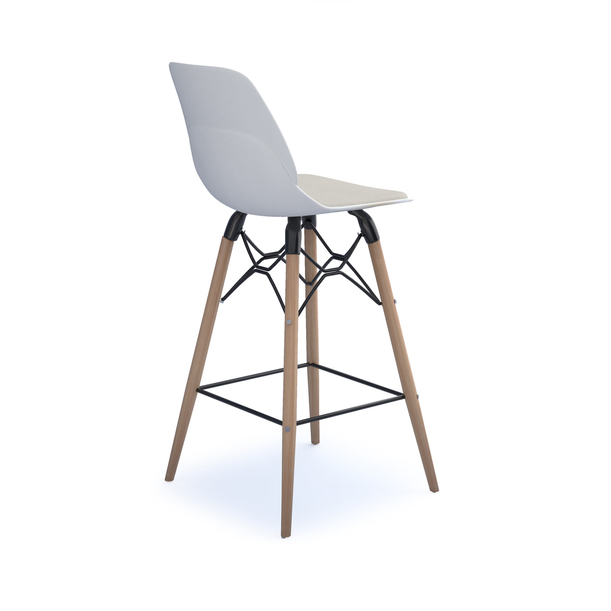 Strut stool with upholstered seat pad and natural oak 4 leg frame with black steel detail - white - view 2