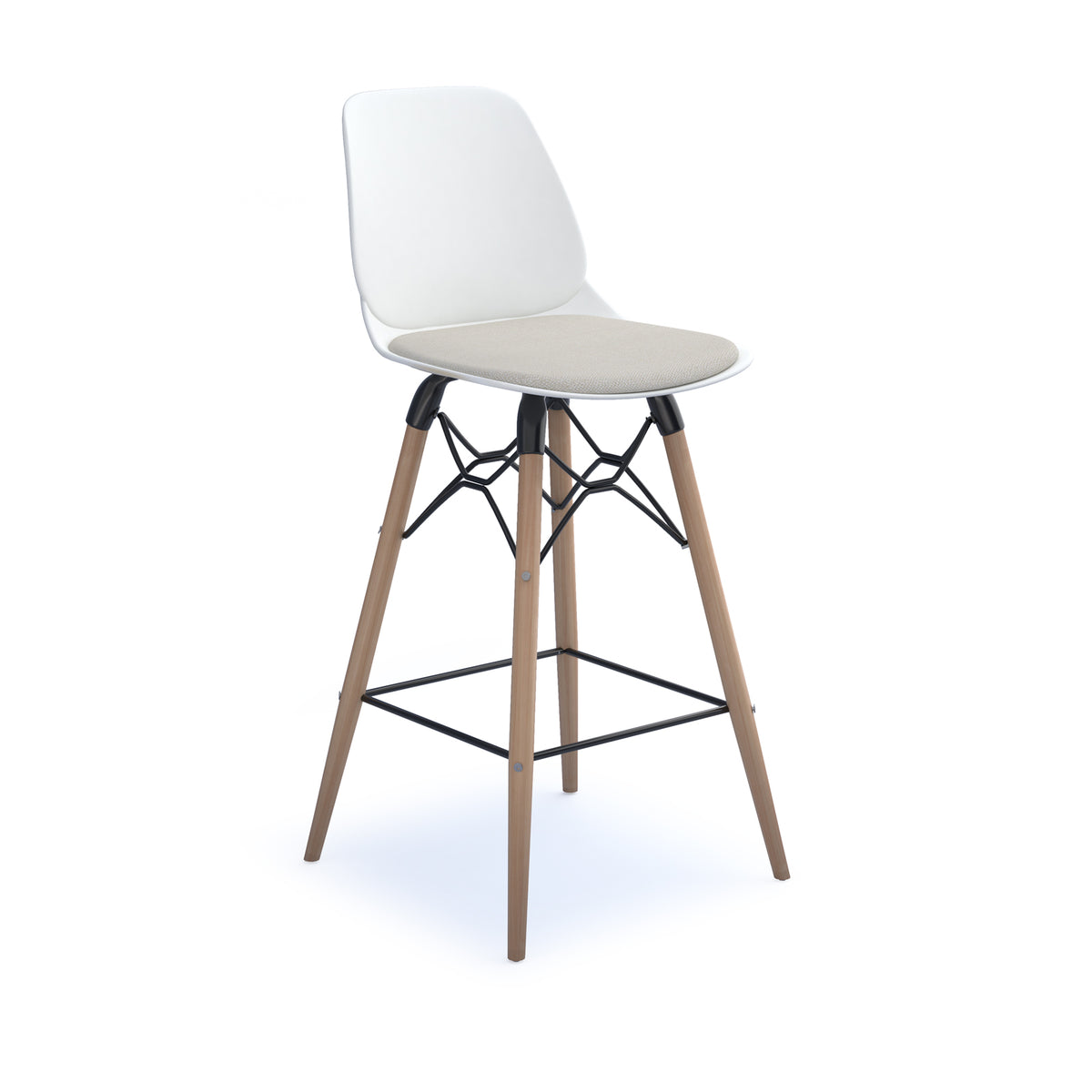 Strut stool with upholstered seat pad and natural oak 4 leg frame with black steel detail - white - view 1