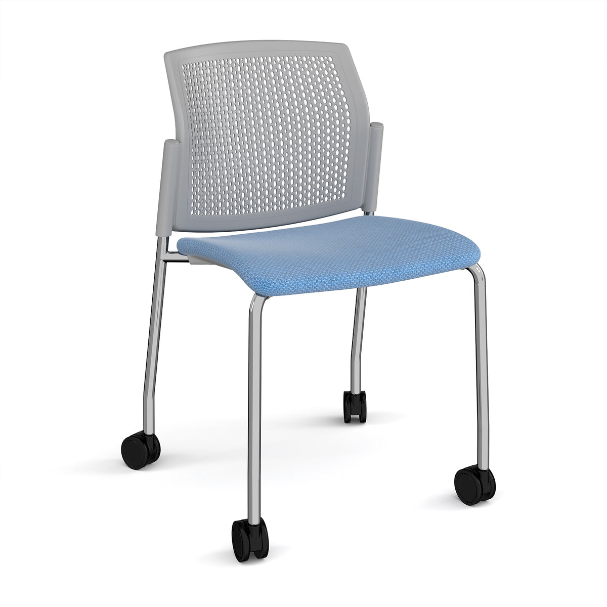 Santana 4 leg mobile chair with fabric seat and perforated grey back, chrome frame with castors and no arms - made to order - view 1