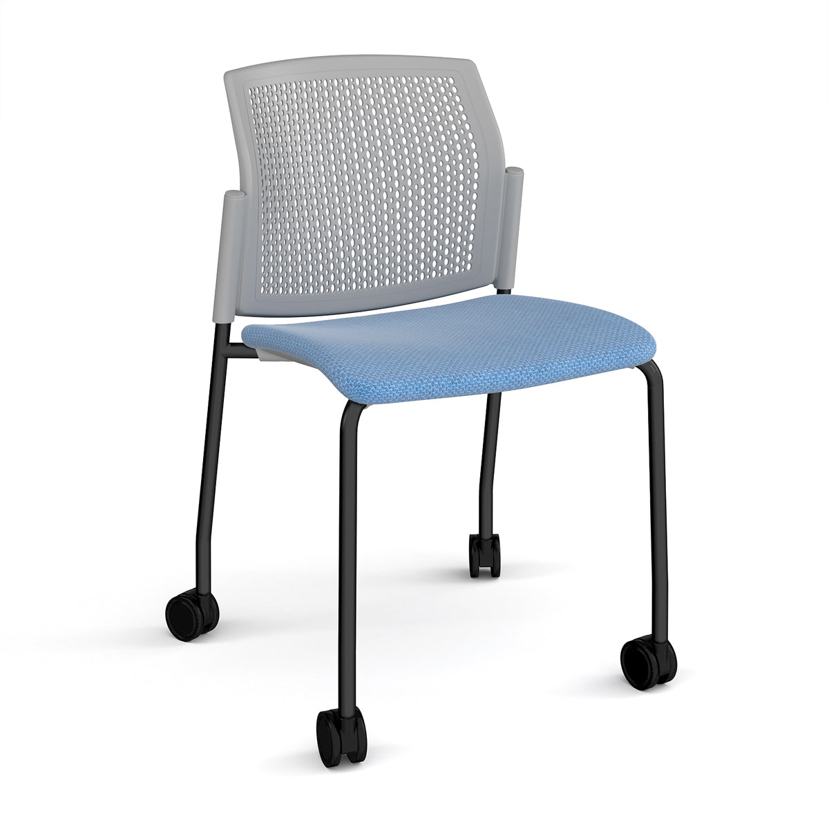Santana 4 leg mobile chair with fabric seat and perforated grey back, black frame with castors and no arms - made to order - view 1