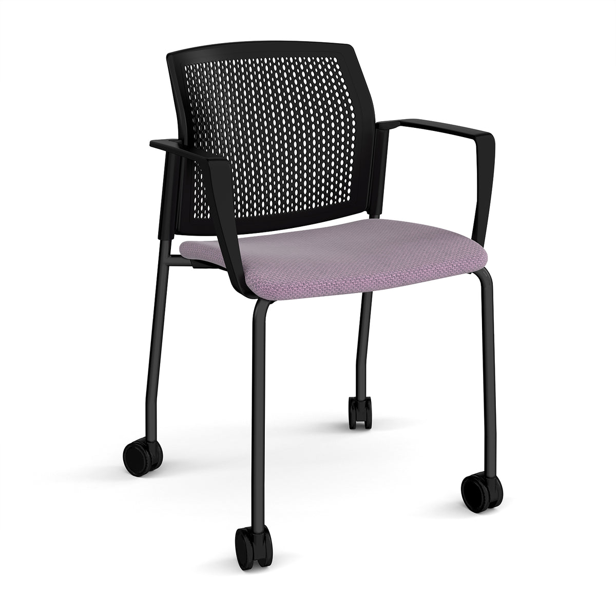 Santana 4 leg mobile chair with fabric seat and perforated black back, black frame with castors and fixed arms - made to order - view 1
