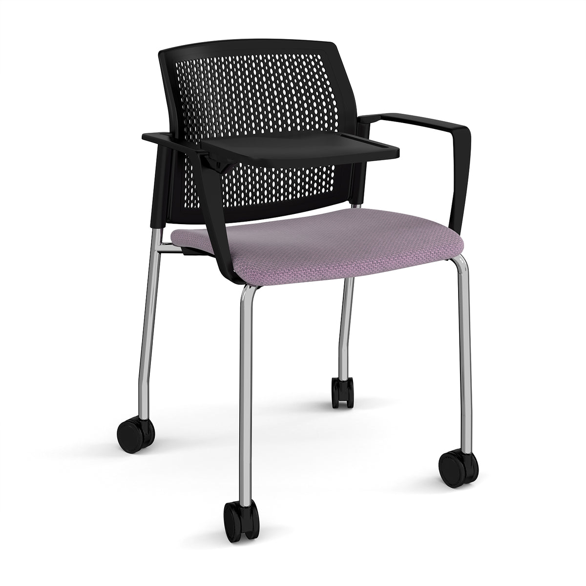 Santana 4 leg mobile chair with fabric seat and perforated black back, chrome frame with castors, arms and writing tablet - made to order - view 1