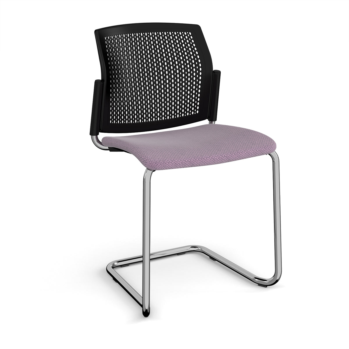 Santana cantilever chair with fabric seat and perforated black back, chrome frame and no arms - made to order - view 1