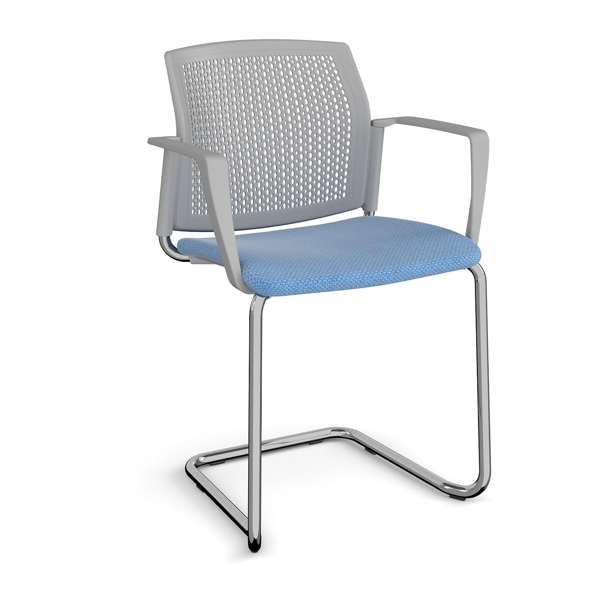 Santana cantilever chair with fabric seat and perforated grey back, chrome frame and fixed arms - made to order - view 1