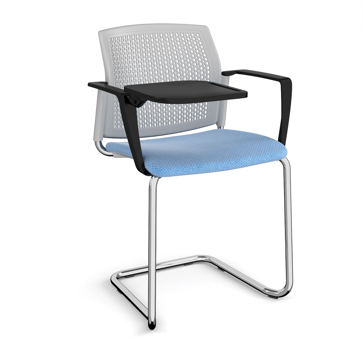Santana cantilever chair with fabric seat and perforated grey back, chrome frame with arms and writing tablet - made to order - view 1