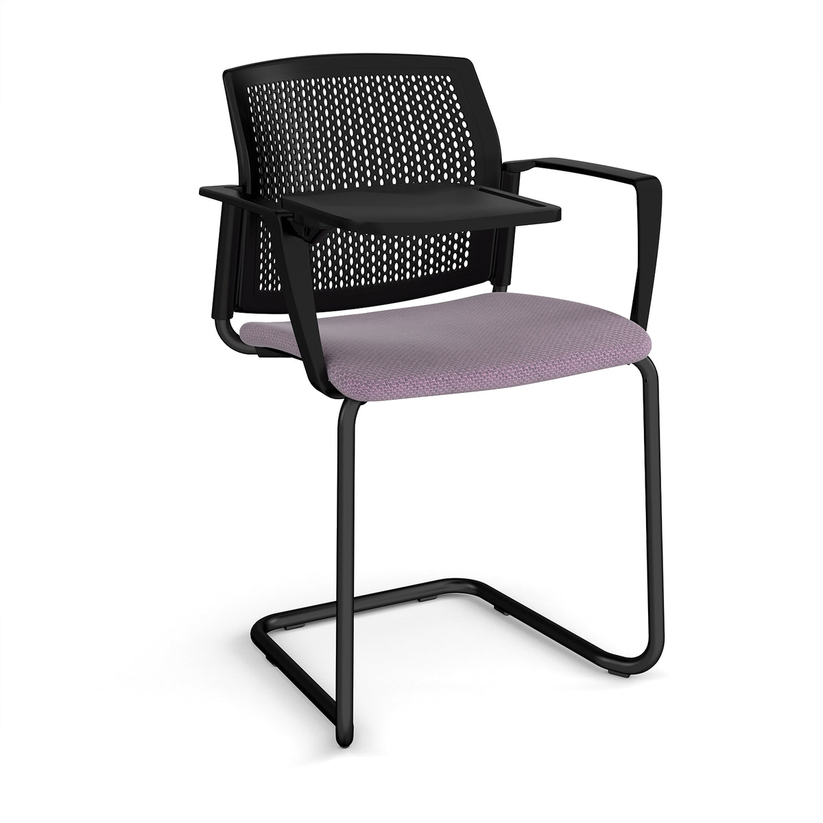 Santana cantilever chair with fabric seat and perforated black back, black frame with arms and writing tablet - made to order - view 1