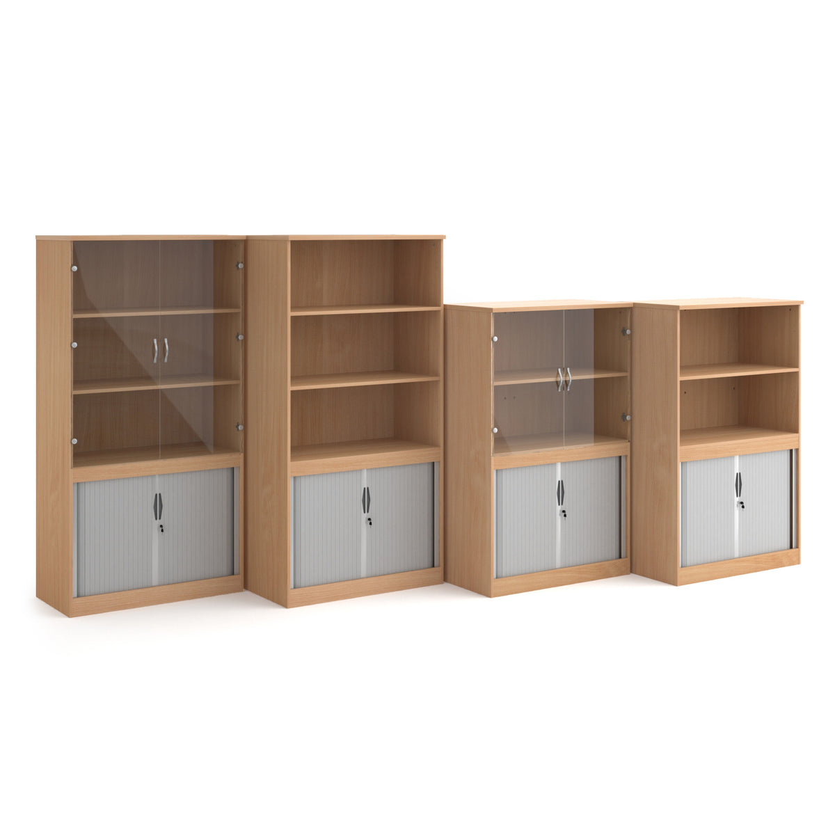 Systems combination unit with tambour doors and glass upper doors 1600mm high with 2 shelves - Beech - view 2