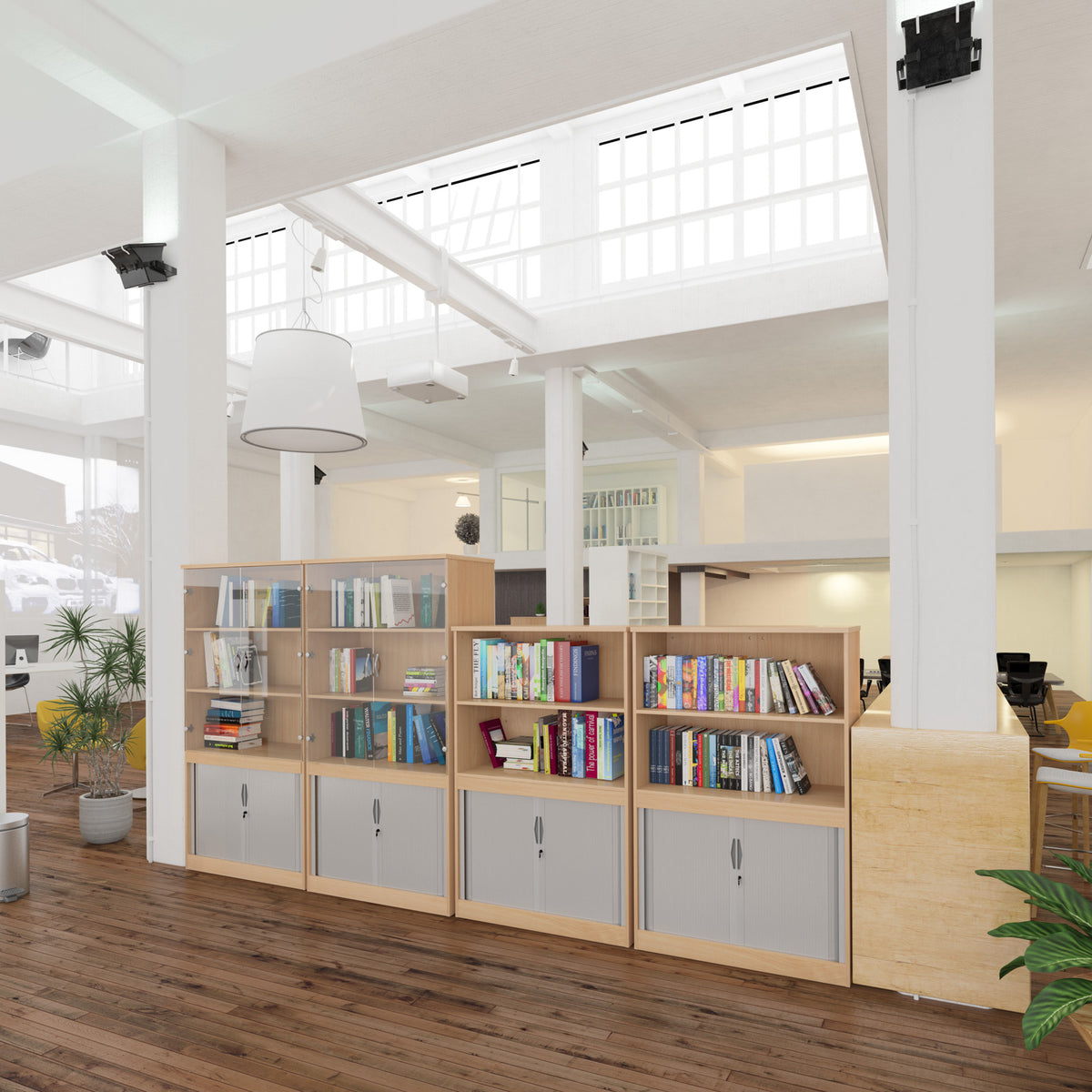 Systems combination unit with tambour doors and open top 1600mm high with 2 shelves - Beech - view 3