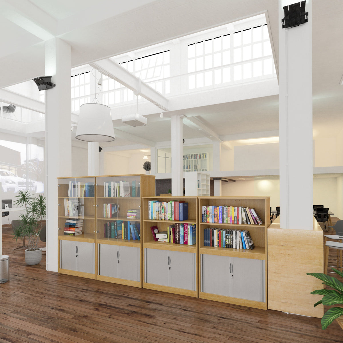 Systems combination unit with tambour doors and open top 1600mm high with 2 shelves - oak - view 3