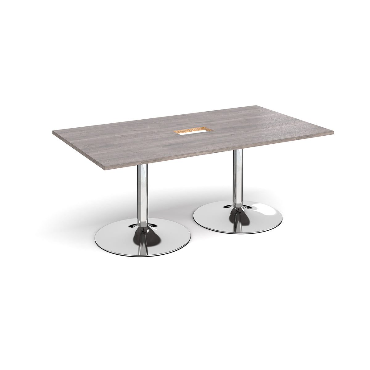 Trumpet base rectangular boardroom table 1800mm x 1000mm with central cutout 272mm x 132mm - chrome base, Grey Oak Top - view 1