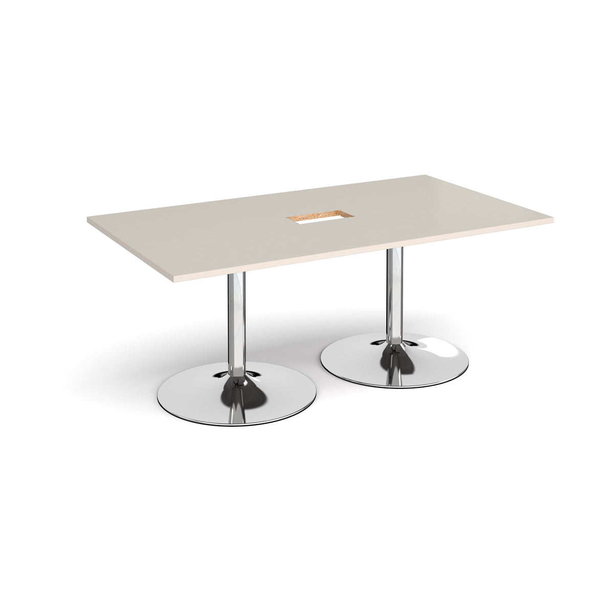 Trumpet base rectangular boardroom table 1800mm x 1000mm with central cutout 272mm x 132mm - chrome base, light grey top - view 1