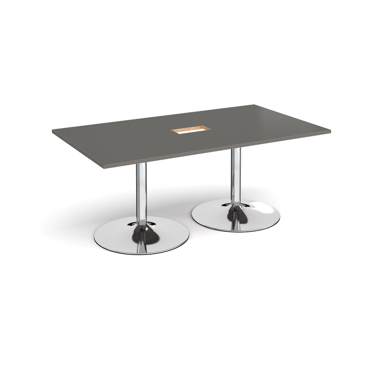 Trumpet base rectangular boardroom table 1800mm x 1000mm with central cutout 272mm x 132mm - chrome base, onyx grey top - view 1