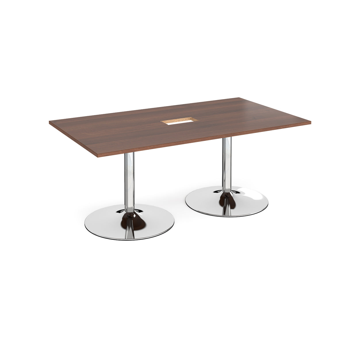 Trumpet base rectangular boardroom table 1800mm x 1000mm with central cutout 272mm x 132mm - chrome base, Walnut top - view 1