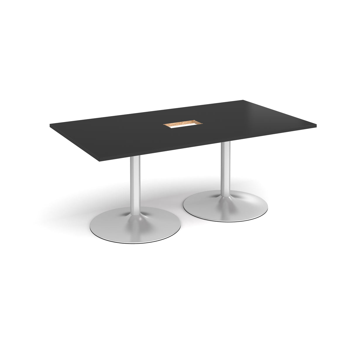 Trumpet base rectangular boardroom table 1800mm x 1000mm with central cutout 272mm x 132mm - silver base, black top - view 1
