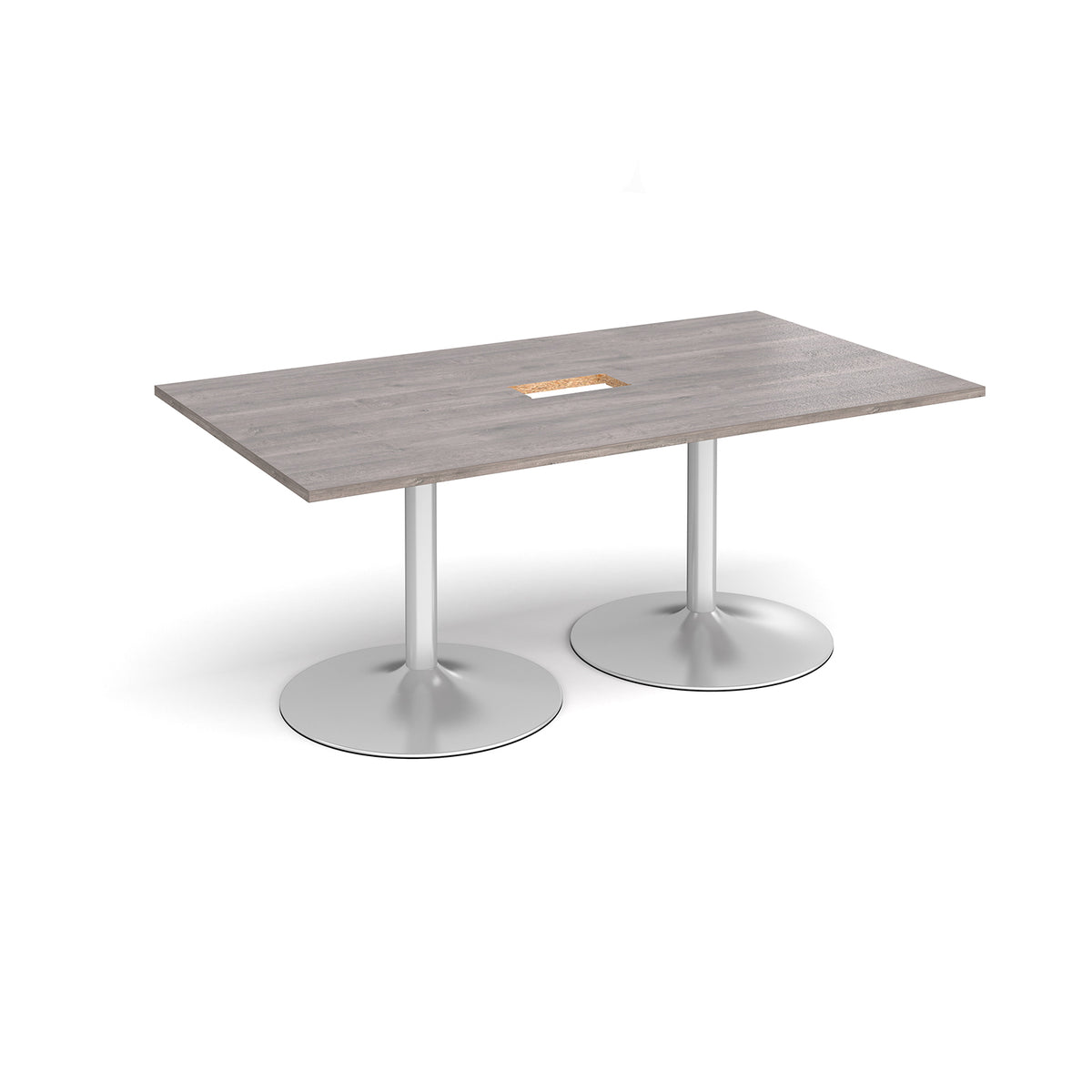 Trumpet base rectangular boardroom table 1800mm x 1000mm with central cutout 272mm x 132mm - silver base, Grey Oak Top - view 1