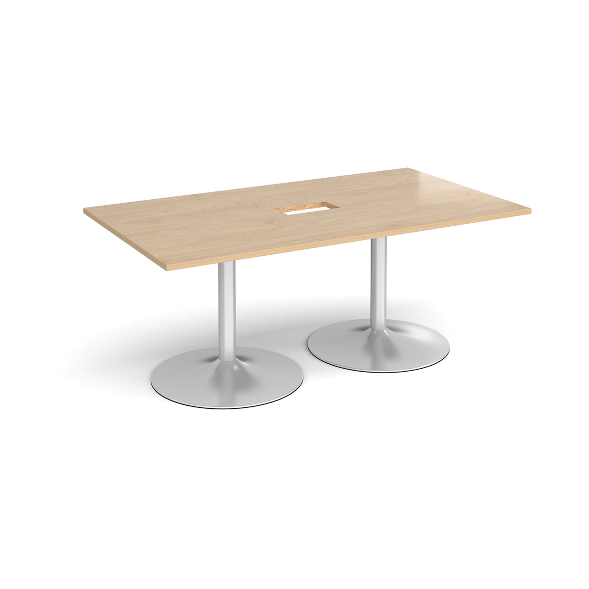 Trumpet base rectangular boardroom table 1800mm x 1000mm with central cutout 272mm x 132mm - silver base, Kendal Oak Top - view 1