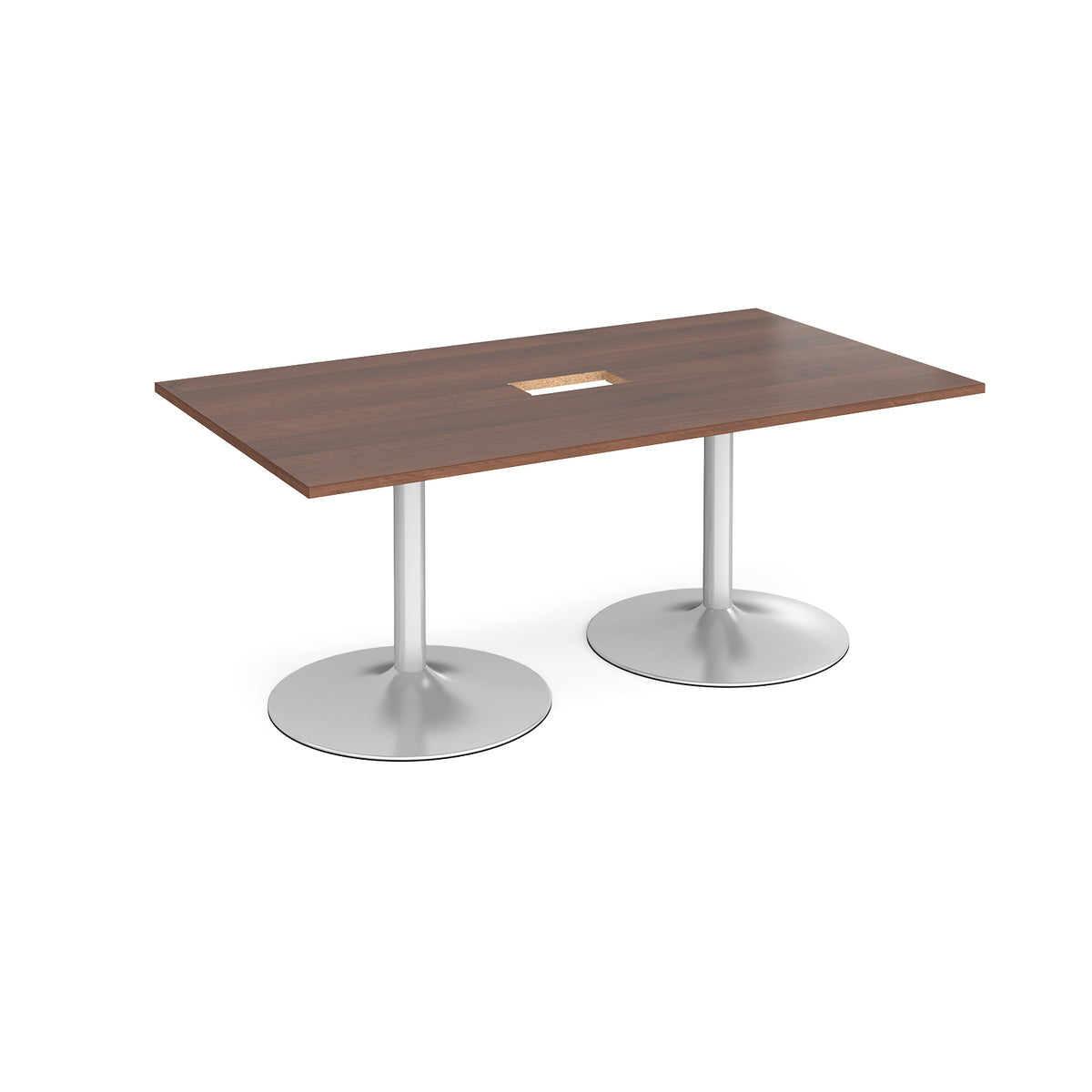 Trumpet base rectangular boardroom table 1800mm x 1000mm with central cutout 272mm x 132mm - silver base, Walnut top - view 1
