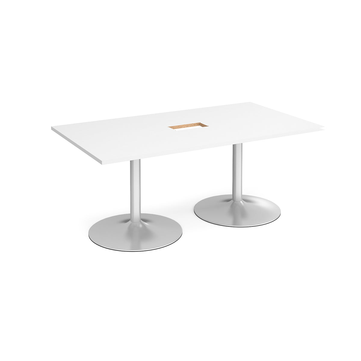 Trumpet base rectangular boardroom table 1800mm x 1000mm with central cutout 272mm x 132mm - silver base, White Top - view 1