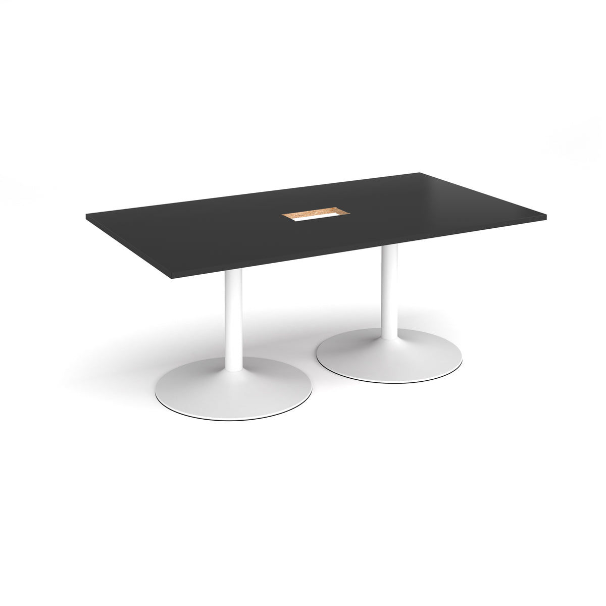 Trumpet base rectangular boardroom table 1800mm x 1000mm with central cutout 272mm x 132mm - white base, black top - view 1