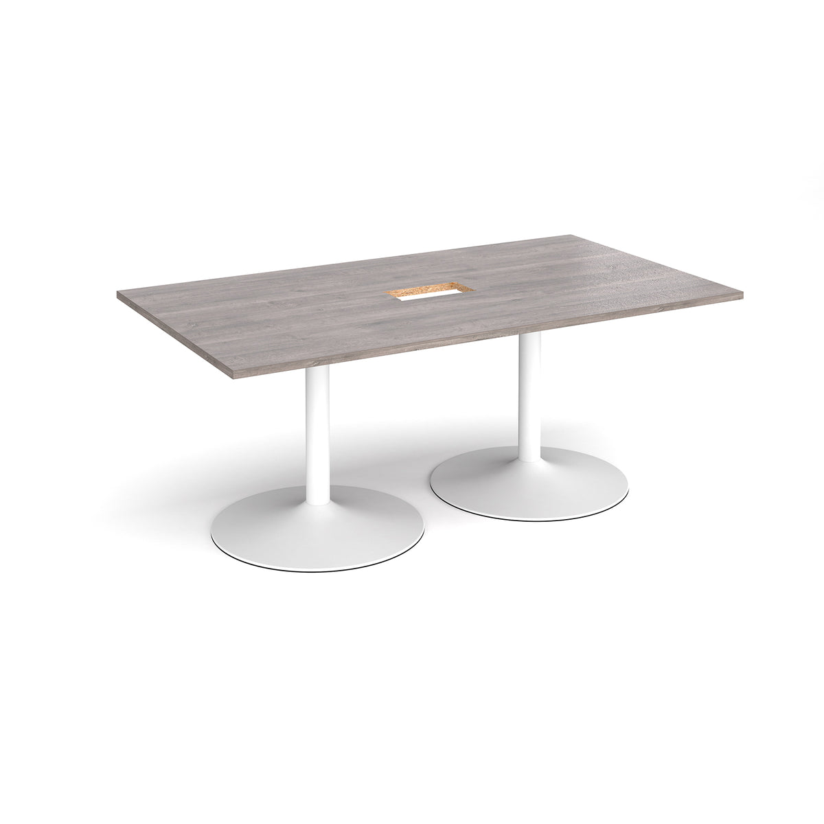 Trumpet base rectangular boardroom table 1800mm x 1000mm with central cutout 272mm x 132mm - white base, Grey Oak Top - view 1