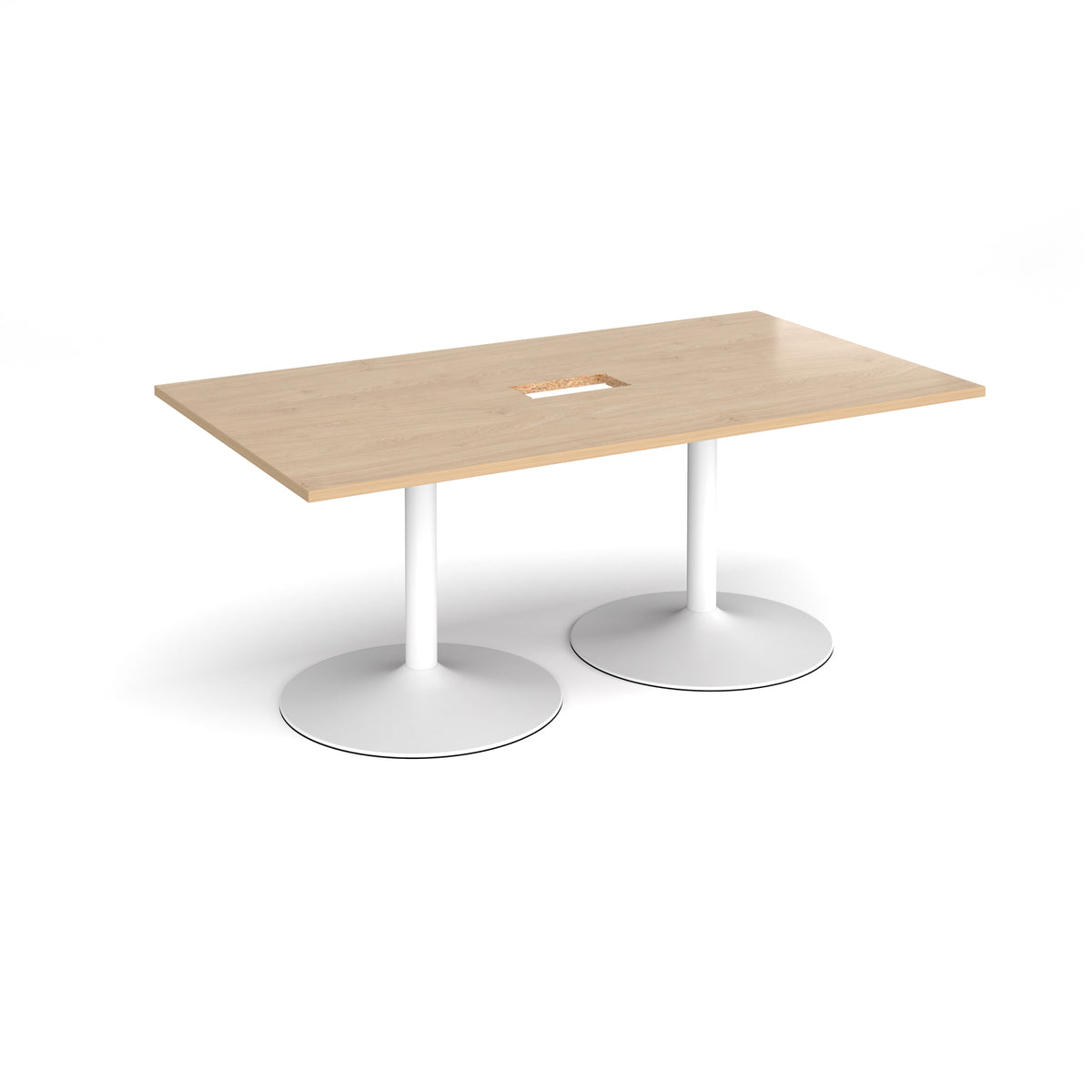 Trumpet base rectangular boardroom table 1800mm x 1000mm with central cutout 272mm x 132mm - white base, Kendal Oak Top - view 1