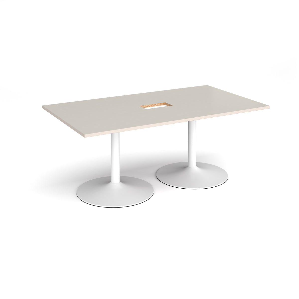 Trumpet base rectangular boardroom table 1800mm x 1000mm with central cutout 272mm x 132mm - white base, light grey top - view 1