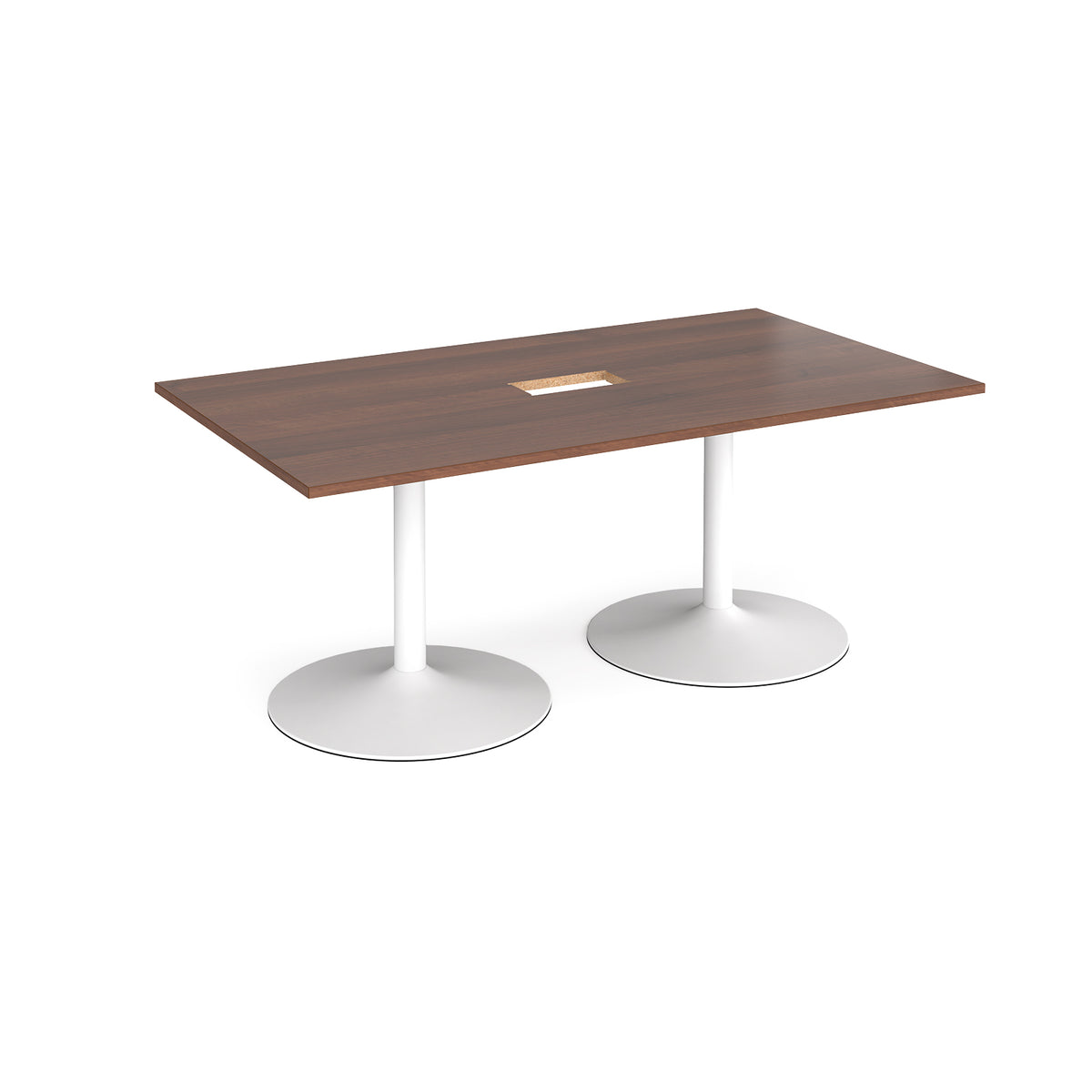 Trumpet base rectangular boardroom table 1800mm x 1000mm with central cutout 272mm x 132mm - white base, Walnut top - view 1