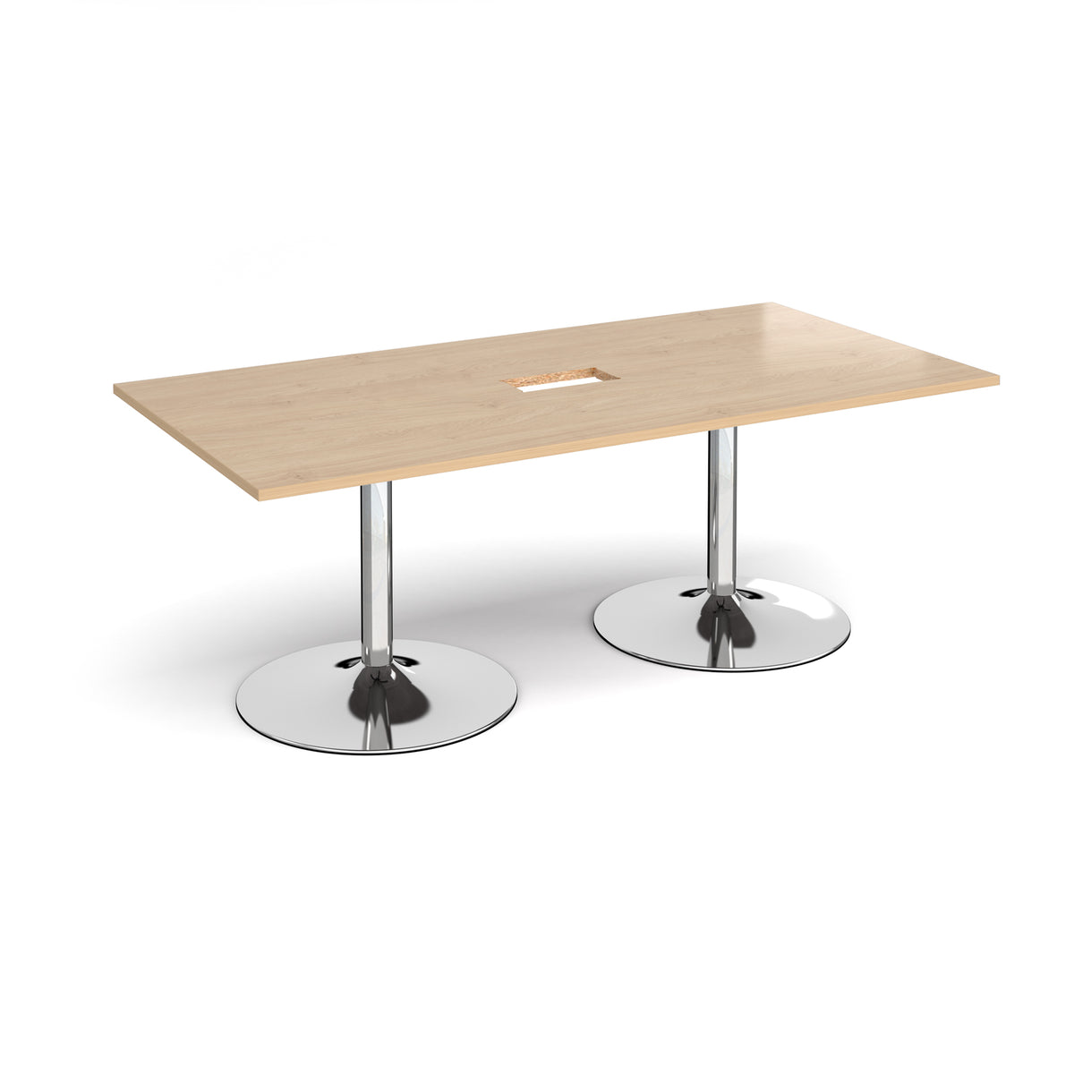 Trumpet base rectangular boardroom table 2000mm x 1000mm with central cutout 272mm x 132mm - chrome base, Kendal Oak Top - view 1