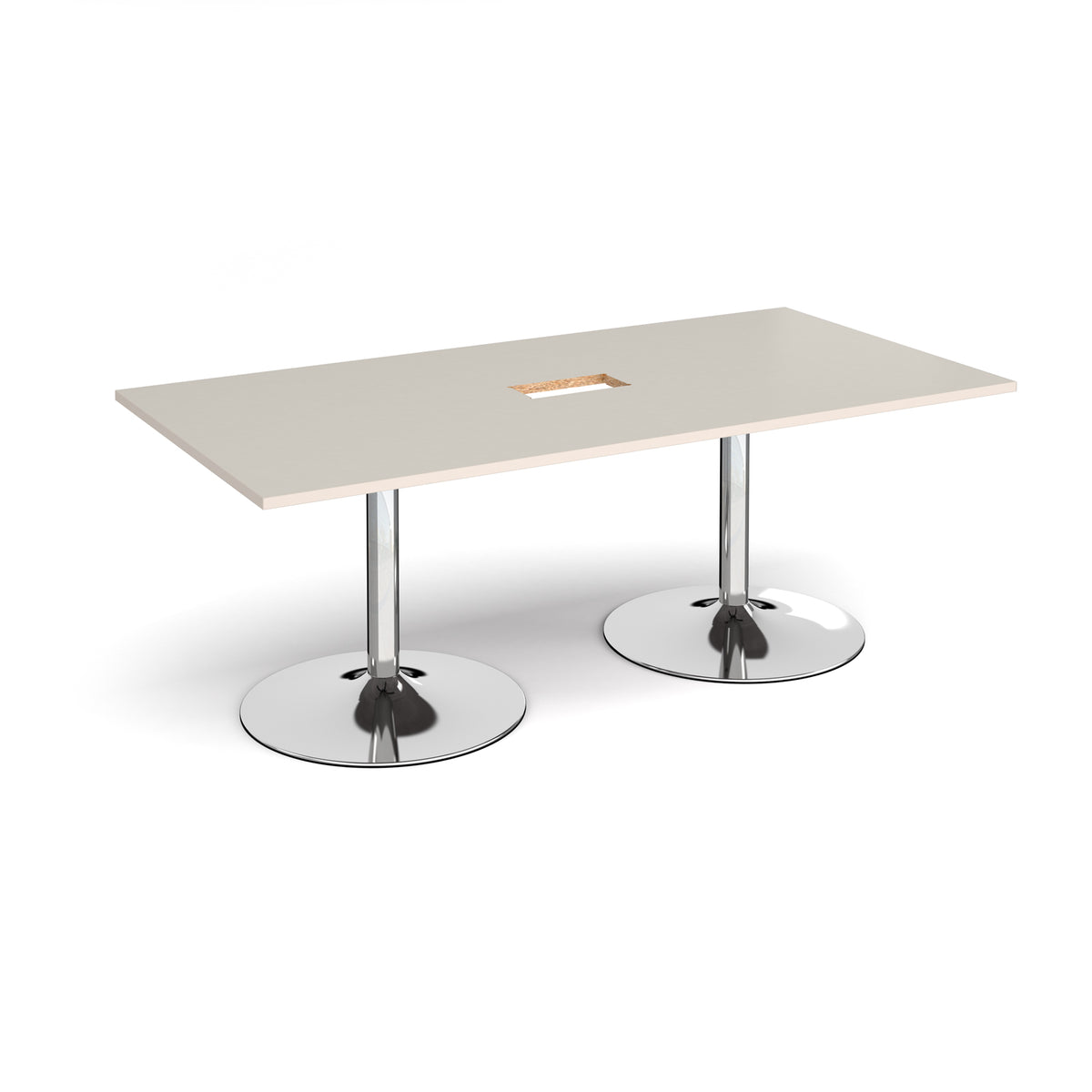 Trumpet base rectangular boardroom table 2000mm x 1000mm with central cutout 272mm x 132mm - chrome base, light grey top - view 1