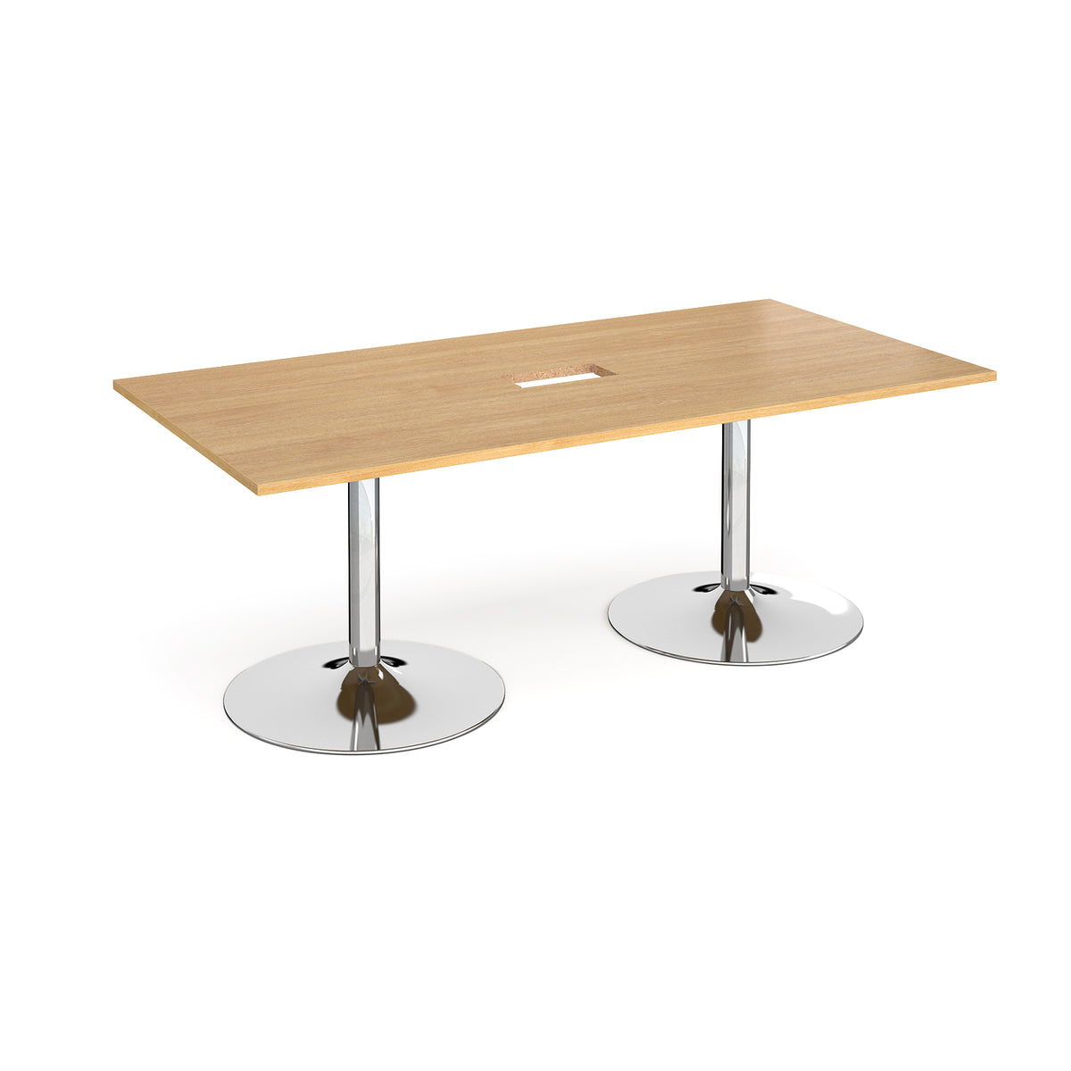 Trumpet base rectangular boardroom table 2000mm x 1000mm with central cutout 272mm x 132mm - chrome base, Oak Top - view 1
