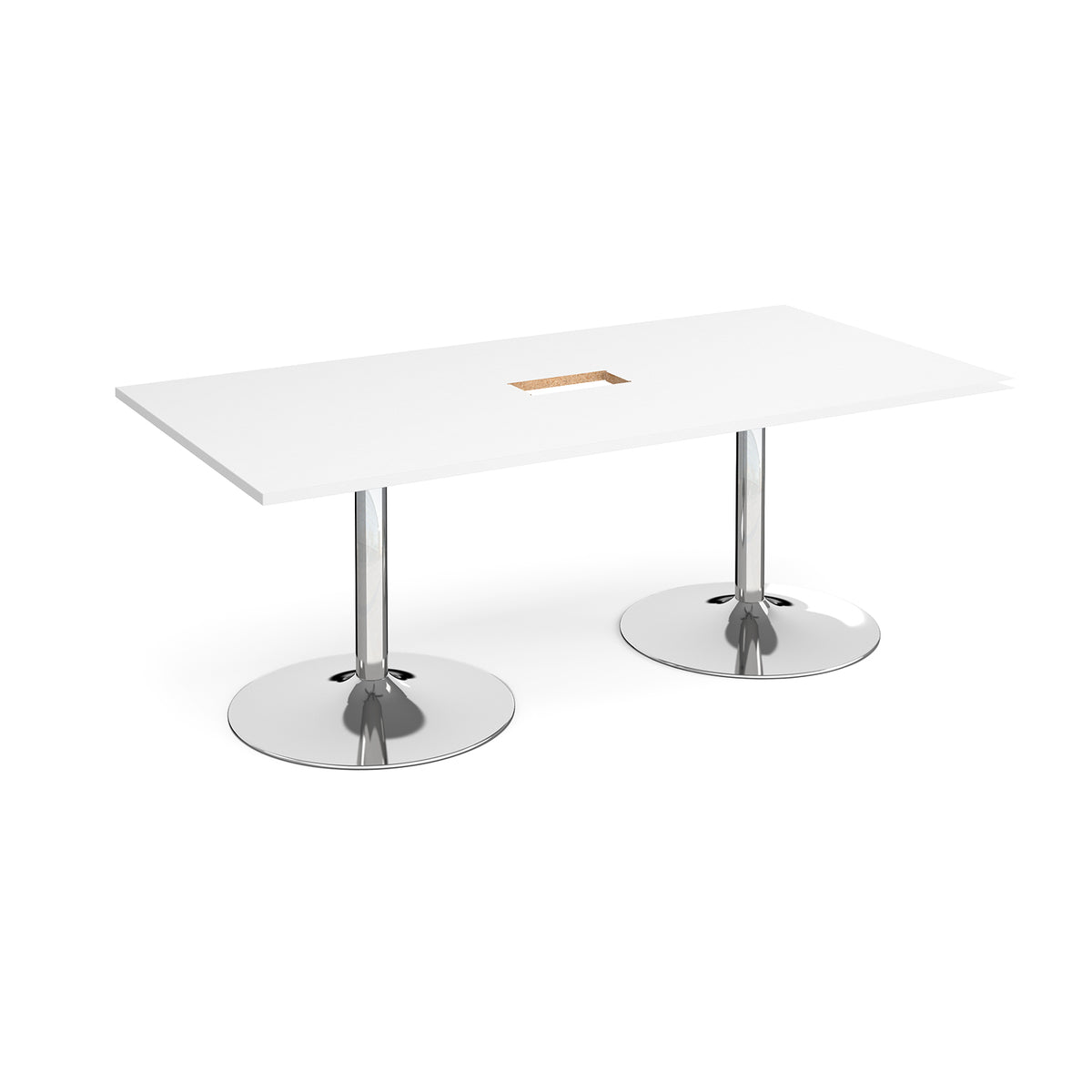 Trumpet base rectangular boardroom table 2000mm x 1000mm with central cutout 272mm x 132mm - chrome base, White Top - view 1