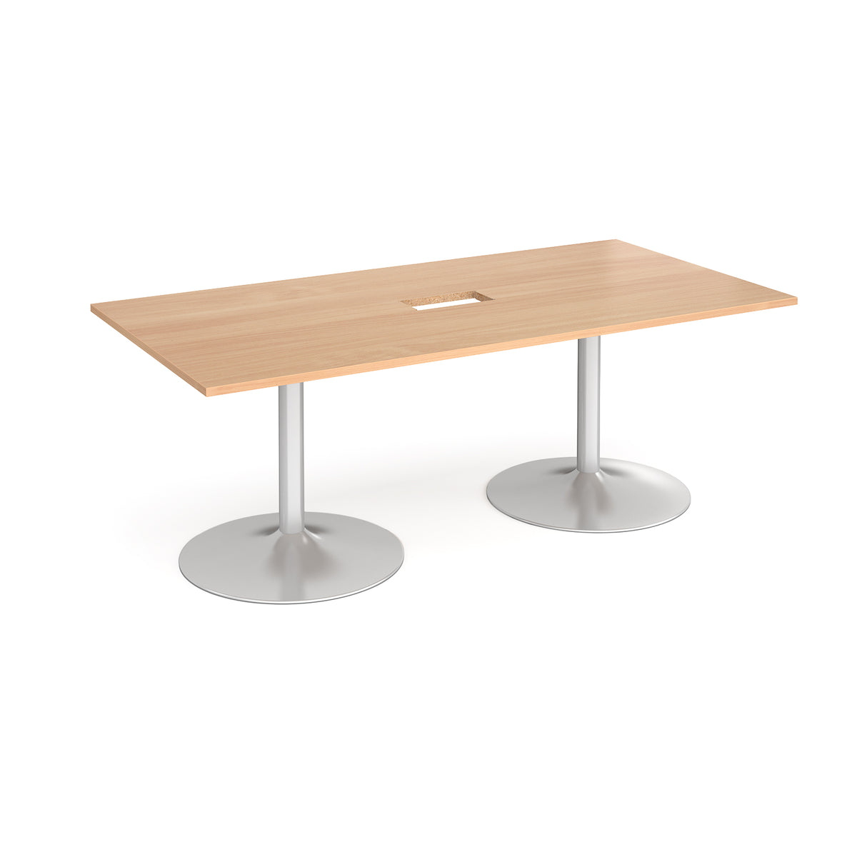 Trumpet base rectangular boardroom table 2000mm x 1000mm with central cutout 272mm x 132mm - silver base, Beech top - view 1