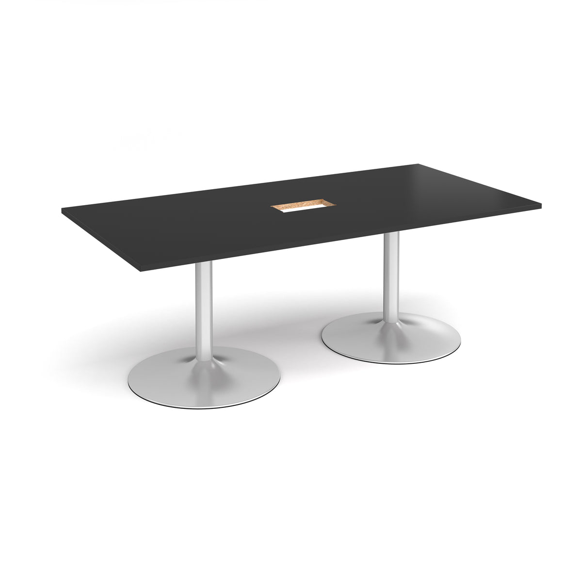 Trumpet base rectangular boardroom table 2000mm x 1000mm with central cutout 272mm x 132mm - silver base, black top - view 1