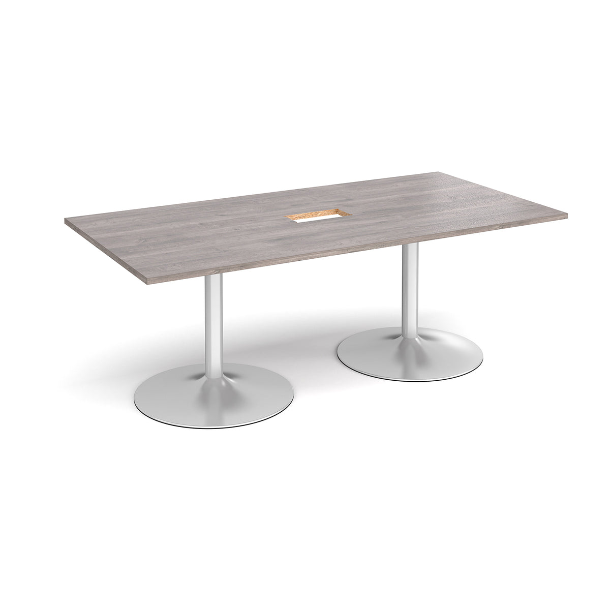 Trumpet base rectangular boardroom table 2000mm x 1000mm with central cutout 272mm x 132mm - silver base, Grey Oak Top - view 1