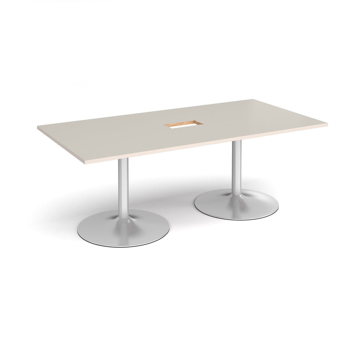 Trumpet base rectangular boardroom table 2000mm x 1000mm with central cutout 272mm x 132mm - silver base, light grey top - view 1